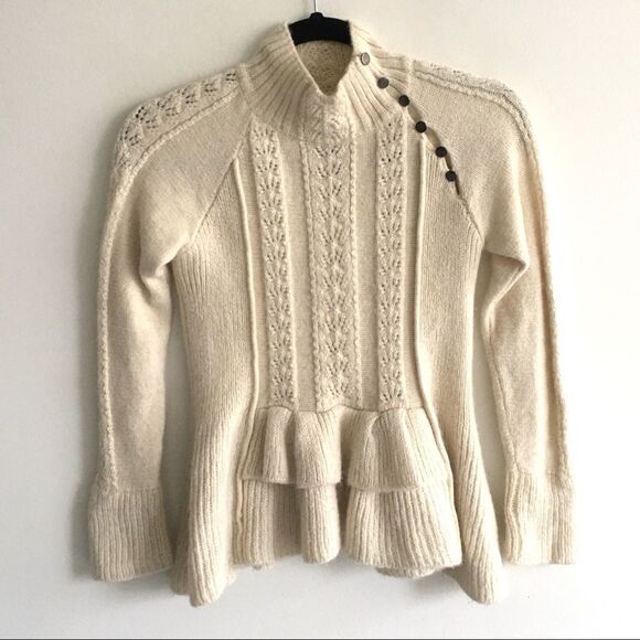 ANTHROPOLOGIE Alpaca Liefsdottir Long Sleeve Mock Neck Peplum Sweater Cream XS - Picture 3 of 8